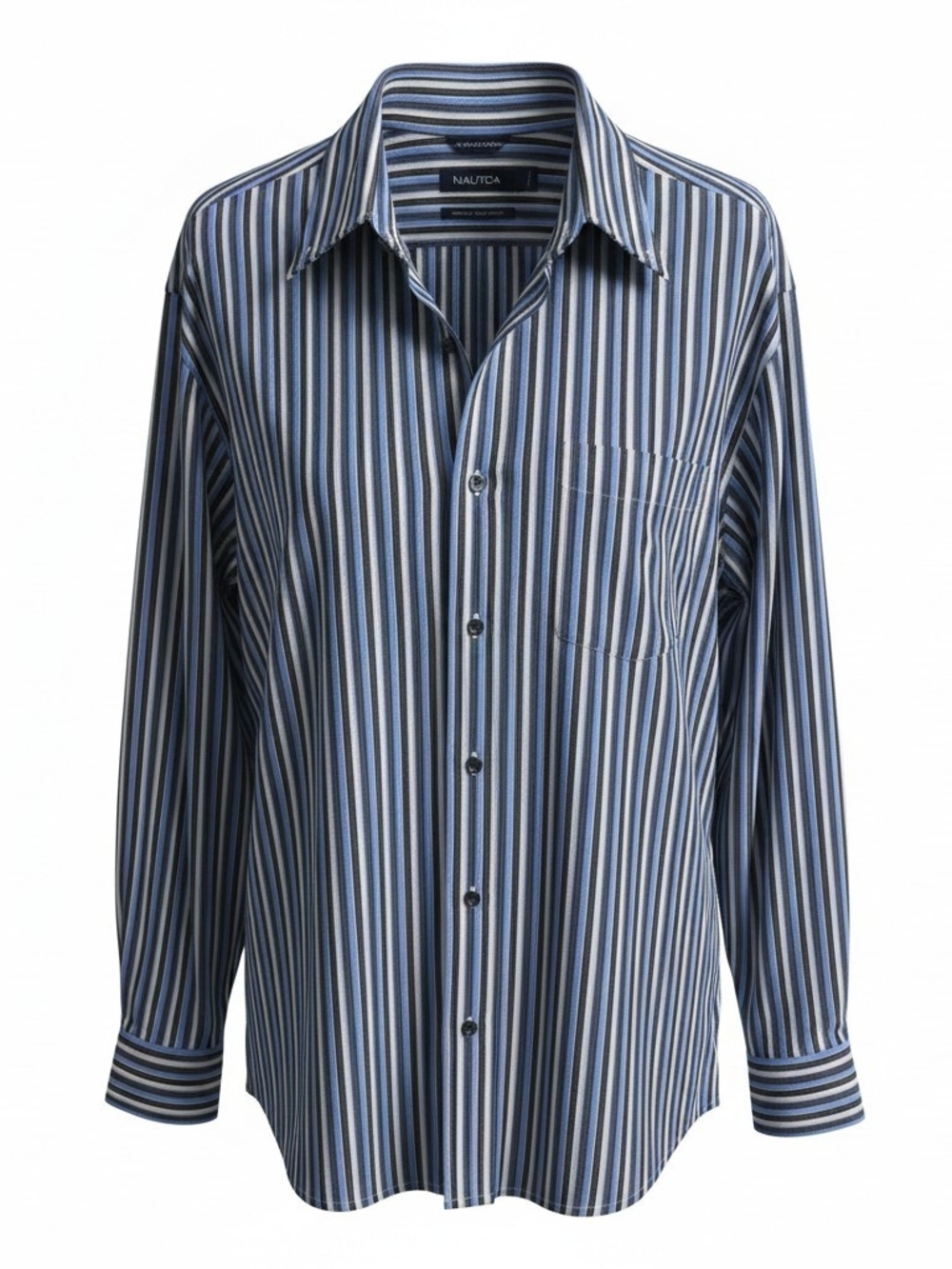 Nautica Men's Blue Black Stripe Wrinkle Resistant Long Sleeve Button Up XL